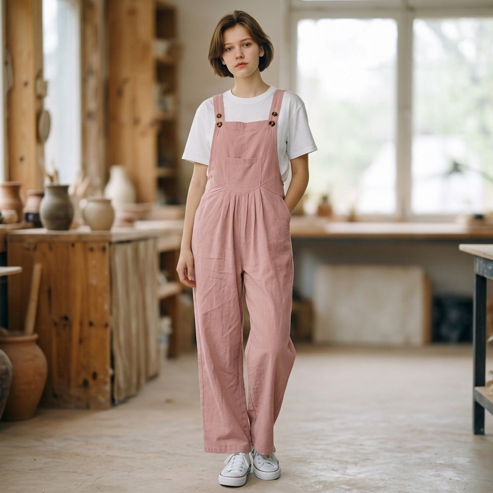 Unbranded Cotton Linen Overalls Womens L Pink Boho Jumpsuit Coastal Grandma